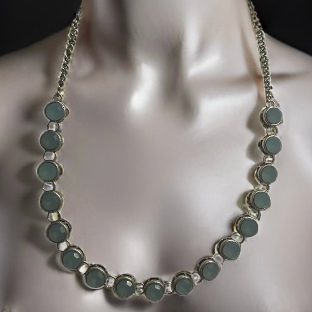 Simple Coastal Round faceted Light Silver Blue/Gray Necklace Work Church Glam